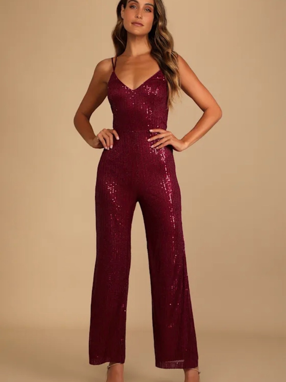 Lulu’s Sequin V-Neck Wide-Leg Jumpsuit - Burgundy